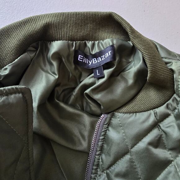 Eilly Bazar Quilted Bomber Jacket Women's L Green Zip Up NWOT - Picture 3 of 16